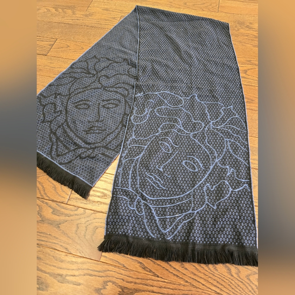 Versace Navy and Black Patterned Scarf